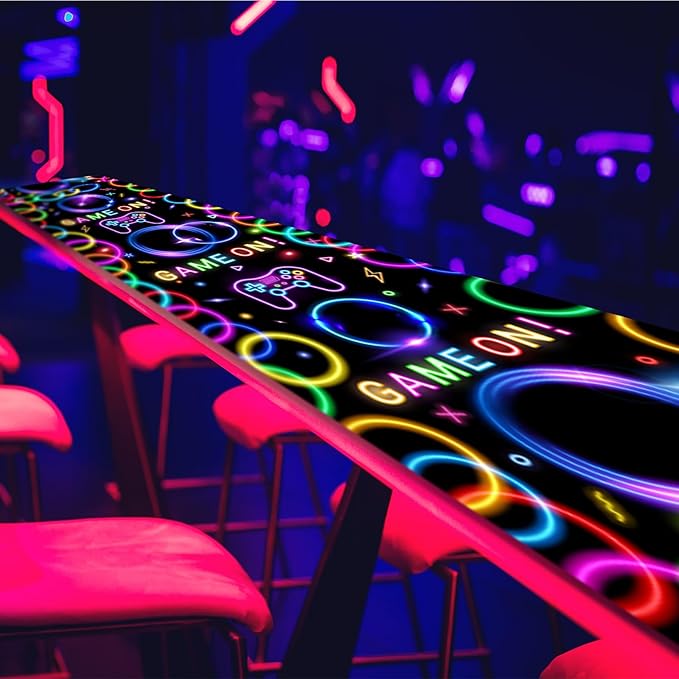 Haull 118 x 39 Inch Neon Light up Dance Floor Glow in The Dark Runner UV Reactive Blacklight Floor Aisle Runner Decor Wall Props for 80s 90s Neon Birthday Party Decorations(Game on)