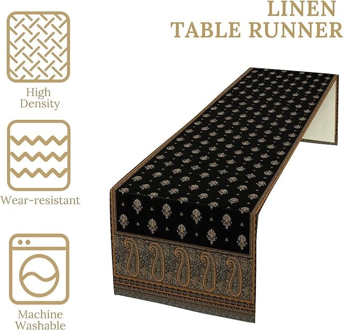 Vintage Paisley Table Runner, Boho Brown Black Flowers Leaves Print Table Runner for Home Dining Kitchen Table Party Wedding Decor, 13x120inch
