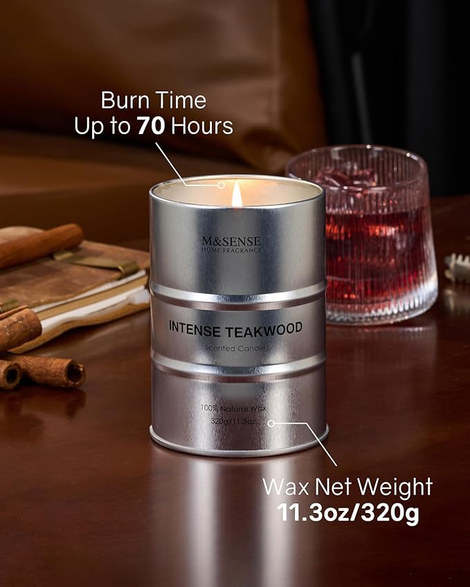 M&SENSE Scented Candle, Teakwood Medium Jar Candle Gifts for Men, 70 Hours Slow Burning Natural Soy Candles 11.3oz, Stress Relief Aromatherapy Candles Home Decor, Valentines Day Gifts for Him