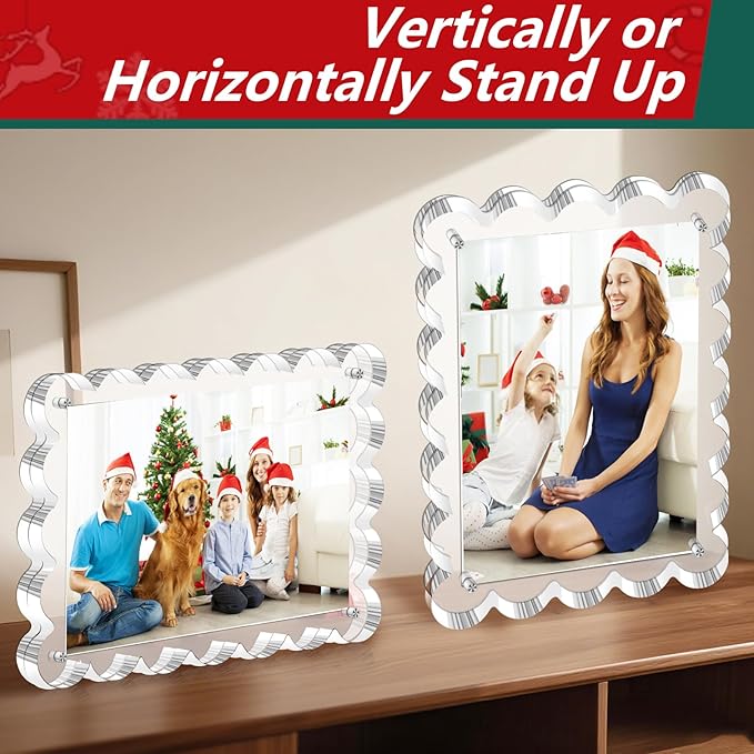 3 Pack Magnetic Acrylic Picture Frames 5x7 Inch - Freestanding Scalloped Magnet Photo Frame with 10+10MM Thick Block, Double Sided Clear Frameless Frame for Desktop Display