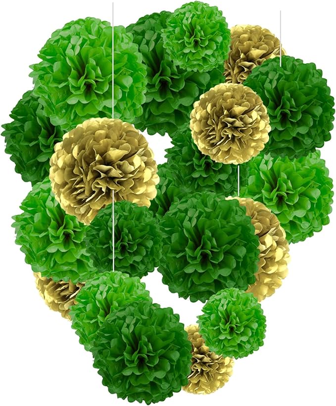 Capesaro Green and Gold Tissue Pom Poms - 10", 12" Party Decorations - 12 Piece Set