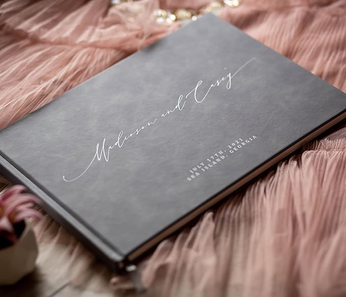 MUUJEE Personalized Guestbook in Slate Gray - Premium Custom Modern Guest Book for Wedding Reception, Birthday Party or Events w/Bookmark Blank Pages for Signing 11.5 x 8.5 inches