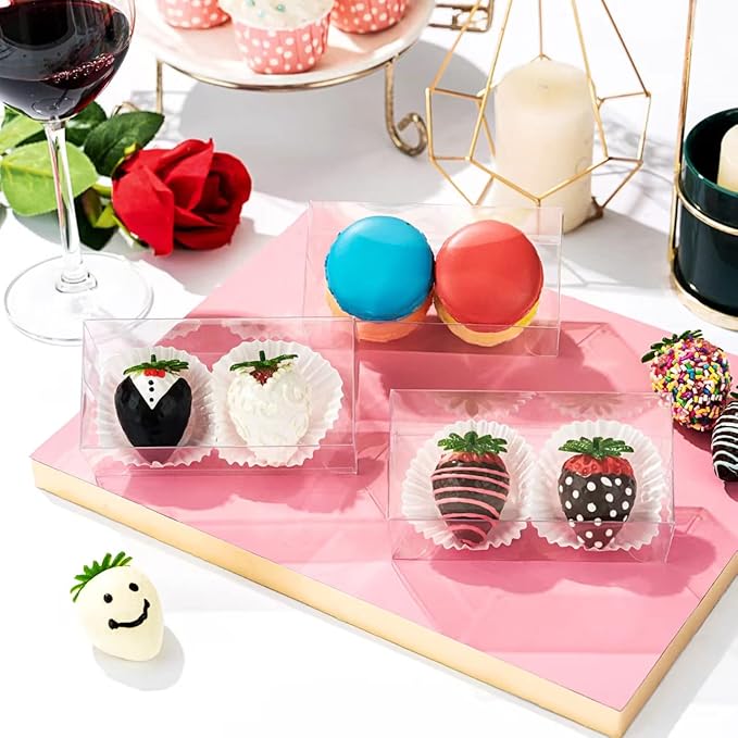 RomanticBaking 100 Pack 4 1/2" x 2 1/4" x 2" Small Chocolate Covered Strawberries Boxes for Mini Cupcakes, Hot Cocoa Bombs, Clear Plastic Party Favors for Christmas