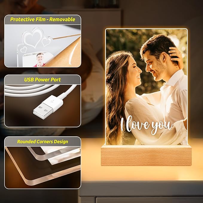 Custom Picture Frames with Photo, Personalized Photo Frame with Night Light, Customized Picture Frame, Personalized Anniversary Couple Gifts for Women Men Her Him Boyfriend Girlfriend