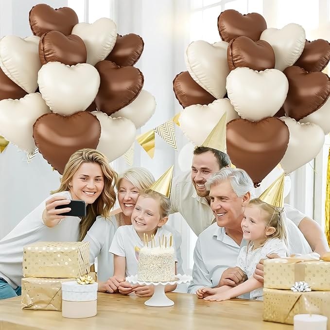 Sand White Brown Heart Balloons,12Pcs 18Inch Cream White Coffee Brown Heart Shaped Foil Helium Balloons for Baby Shower Birthday Anniversary Wedding Engagement Party Decorations