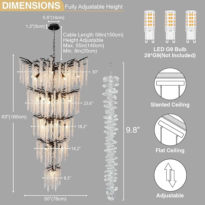 118'' Black Branch High Ceiling Chandelier, 28-Light Modern Long Tree Chandeliers, 3CCT Dimmable, Large Luxury Foyer Chandelier, Raindrop K9 Crystals Fixtures for Staircase, Entryway, Living Room
