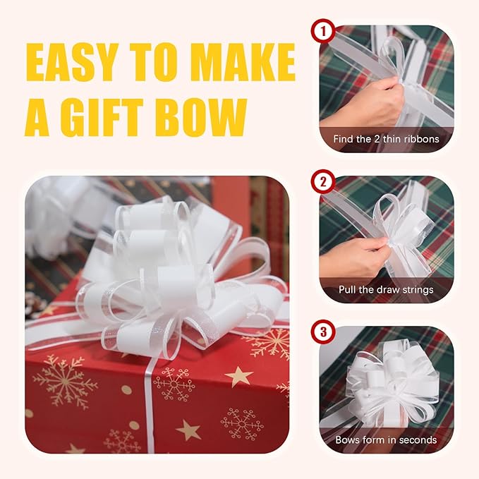 12 PCS 6 Inch Large Pull Organza White Bows - Perfect for Gift Wrapping, Wedding Decor, Car Bows, Birthday Parties, Christmas and Valentine's Day
