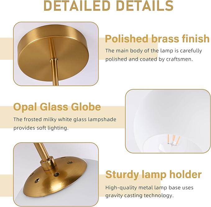 Gold Semi Flush Mount Ceiling Light Fixture Milk Glass Light Fixture Mid Century Flush Mount Ceiling Lights Brass Flush Mount Ceiling Schoolhouse Lights for Dining Room(Bulb Incl.)