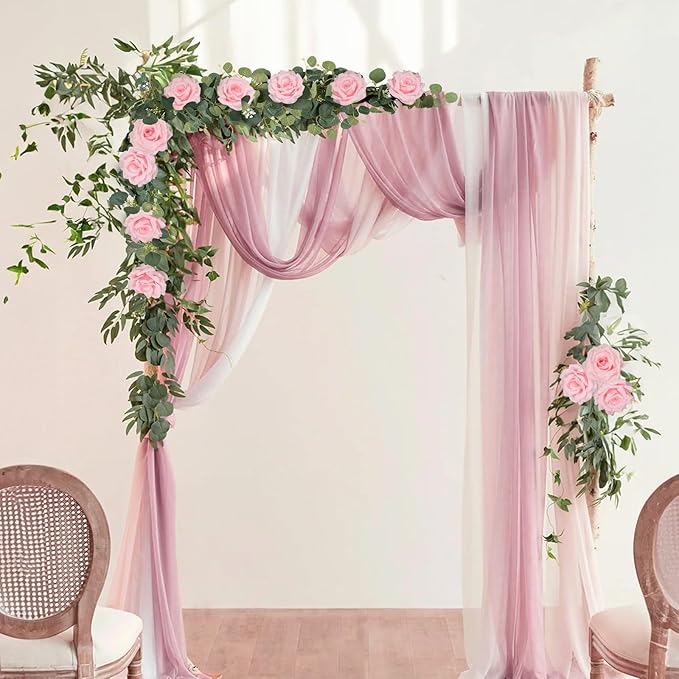 MACTING 6.6FT Flower Garland with Lights - Spring Gypsophila Eucalyptus Garland with 12 Pink Roses Artificial Floral Greenery Vine for Arch Table Centerpieces Backdrop Party Home Wedding Decorations