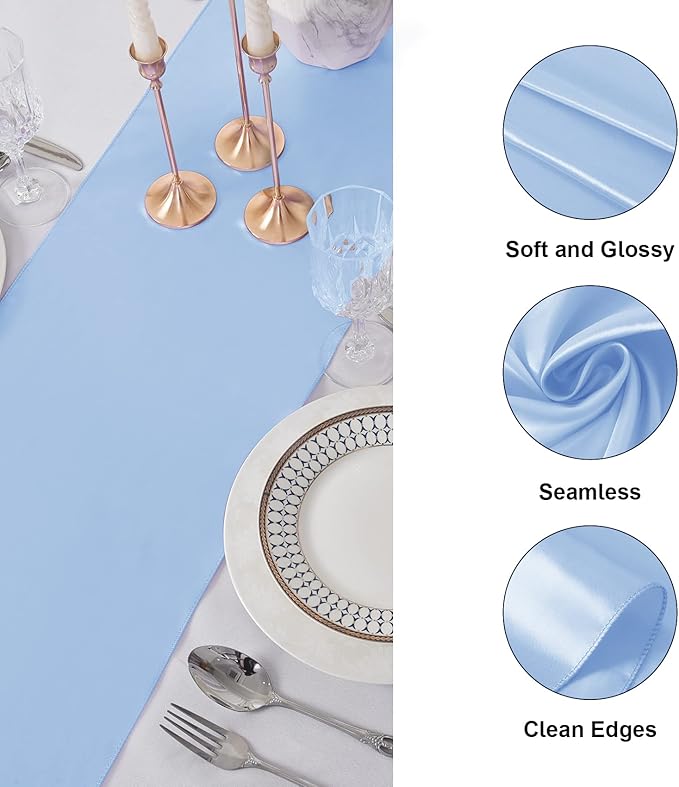 24Pack Table Runner 12 x 108 Inches Satin Silk Table Runner for Wedding, Birthday Party, Banquets, Graduations Decoration, fit Rectange and Round Table-Blue Mist