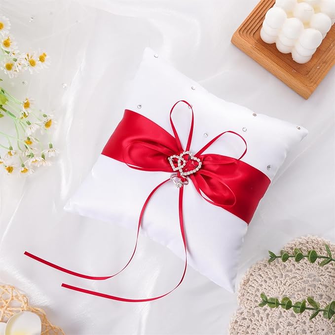 QIRMIZI Ring Pillow, Pearls Ring Cushion, Ring Bearer Holder for Beach Wedding & Ceremony, Proposal - Red