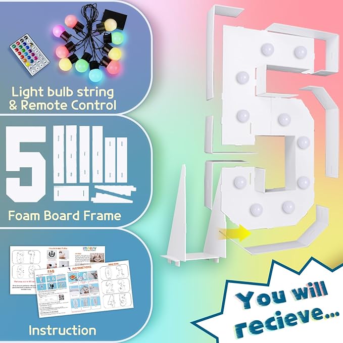 imprsv 4FT Colorful Marquee Numbers,18 Colors Number 5 with Remote, Light Up Numbers Sign for 50th Birthday Decorations Anniversary Party Decor, Pre-Cut Foam Board Kit, Mosaic Sign for Balloon