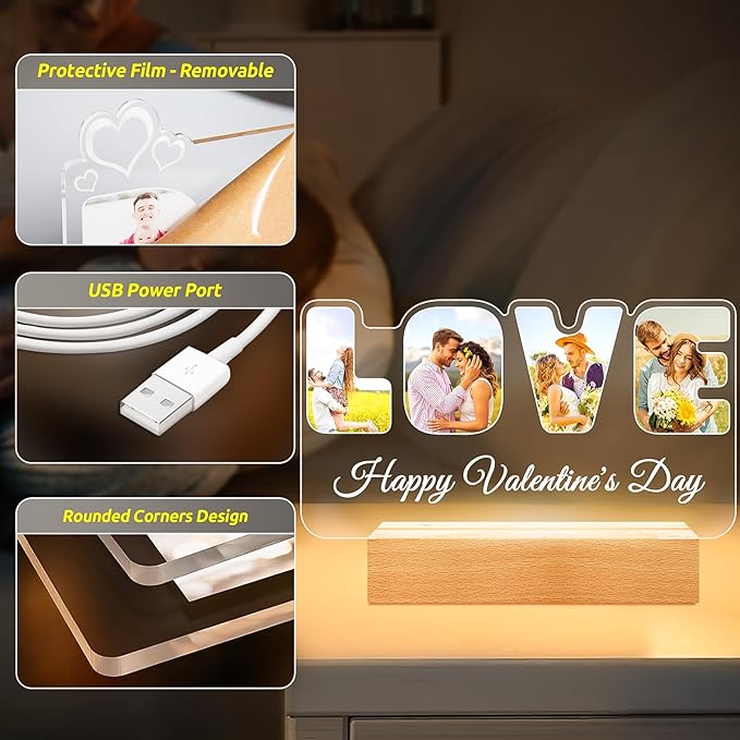 Custom Picture Frames with Photo, Personalized LOVE Photo Frame with Night Light, Customized Couples Gifts, Personalized Anniversary Valentines Gifts for Women Men Her Him Girlfriend Boyfriend