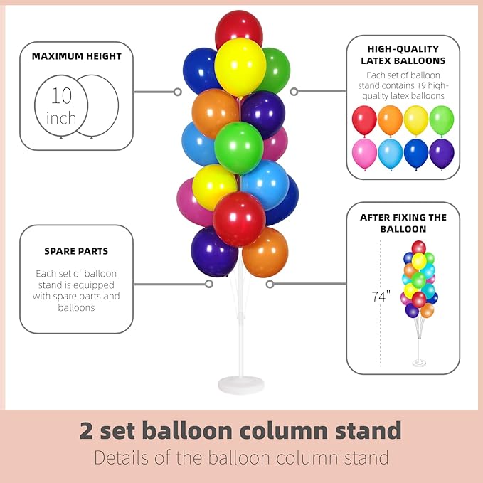 Balloon Column Kit Set of 2 With Balloons Assorted Color - Balloon Stand with Base&Pole,Balloon Tower Backdrop Decoration for Wedding, Baby Shower, Birthday Party, or Bachelorette Parties