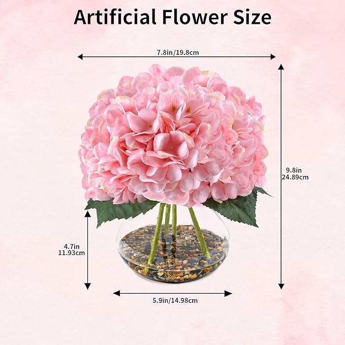 N&T NIETING Artificial Hydrangea Flowers with Vase Pink Silk Fake Flowers Faux Hydrangea Flowers with Faux Water Riverstones for Home Office Table Room Wedding Centerpiece Decorations
