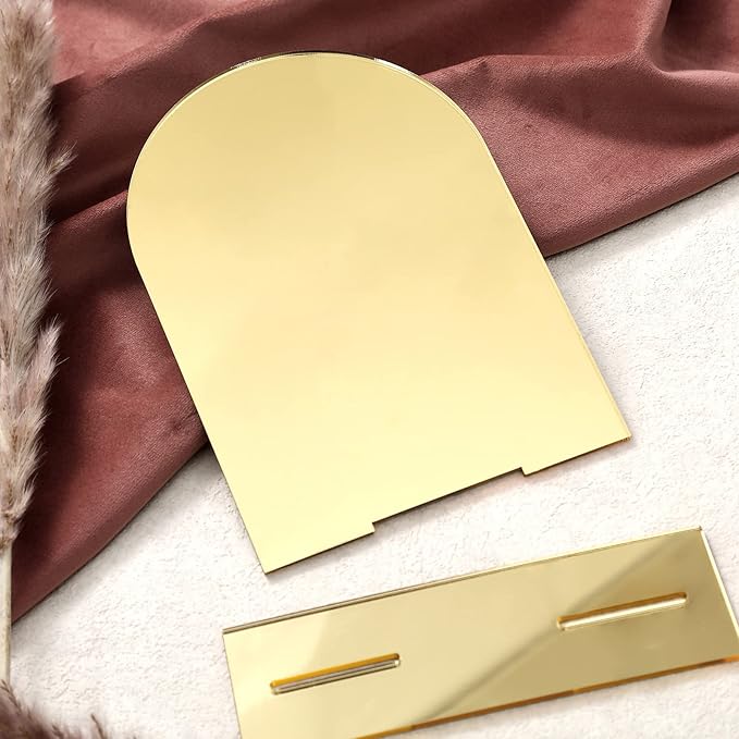 UNIQOOO 10 Pack Acrylic 5x7 Gold Mirror Arch Table Sign for Wedding with Holders, 1/8 in Thick, DIY Blank Arch Sign Sheet Perfect for Decoration, Party,Anniversary, Event, Stand Included