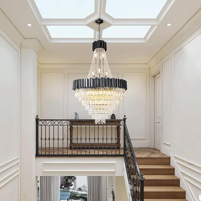 54" Luxury Long Crystal Chandelier for High Ceilings, 21-Light Modern Black Large Chandeliers for Staircase, Foyer, Entryway, Living Room, Hallway, Contemporary K9 Crystal Tiered Chandelier