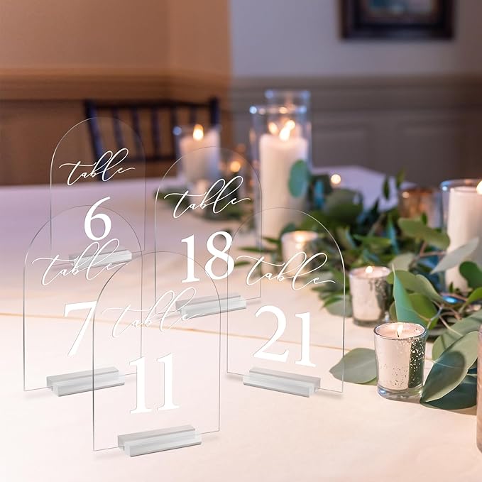 Arch Table Number 1-15 Clear Acrylic Tabletop Signs 5x7 Inch with Holder for Wedding Parties Anniversaries Reception Cafe Hotel Party Bar Business Event (1-15)