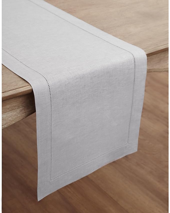 Solino Home Linen Soft Grey Table Runner 72 Inches Long - 100% Pure Linen Hemstitch Table Runner 14 x 72 Inch for Dresser, Dining, Fall, Autumn, Halloween, Thanksgiving, Christmas - Classic Hemstitch