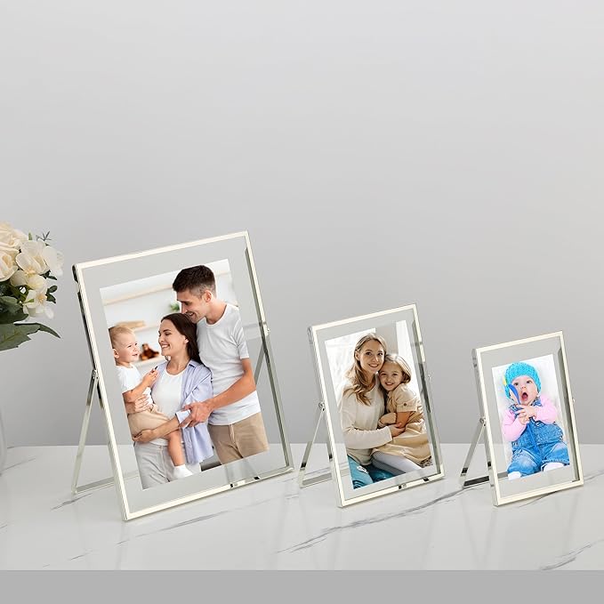 Silver 4x6'' Floating Frame Set of 2,For Photo Sizes (2x3'',3.5x 5''),Silver Plated Metal Double Frames 4x6'' for Tabletop/Shelf Photo Frame,Wedding,Birthady,or Office Decoration Frame