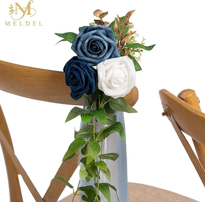 Meldel 10Pcs Elegnat Wedding Chair Back Decorations Aisle Artificial Blue White Rose Flowers Garland with Ribbion for Ceremony Reception and Reception Seating Arrangements Party Outdoor Decor