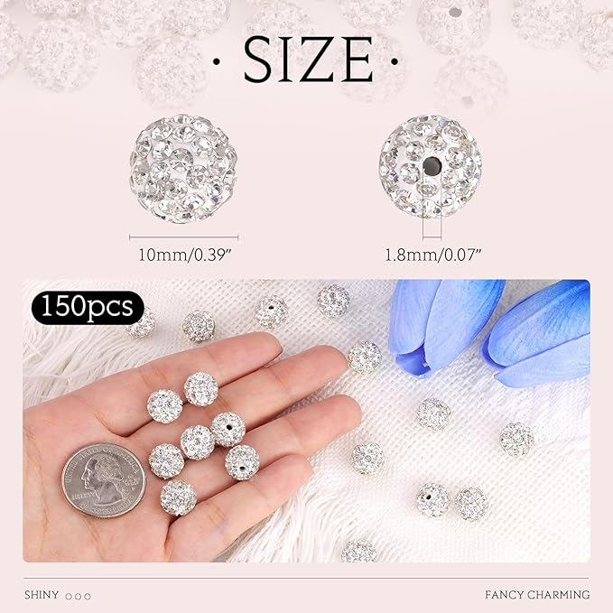 150 pcs 10mm Rhinestone Beads for Jewelry Making, White Shiny Round Shamballa Disco Beads Bulk, Sparkle Crystal Clay Christmas for Bracelet Baseball Necklace Earring Crafting and DIY