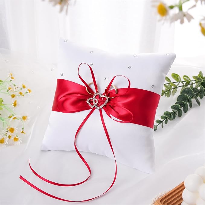 QIRMIZI Ring Pillow, Pearls Ring Cushion, Ring Bearer Holder for Beach Wedding & Ceremony, Proposal - Red