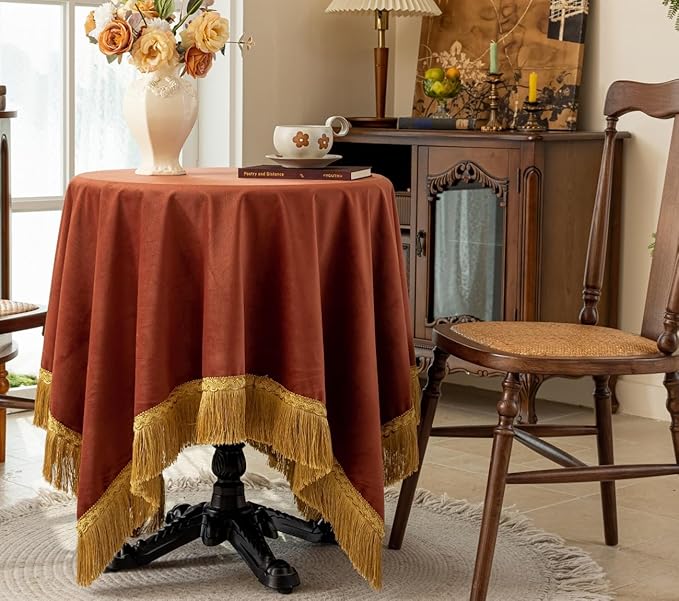 F-CHU Luxury Burnt Orange Tablecloth Thickset Velvet Tablecloth with Beautiful Gold Tassels Table Cloth for Home Decor Wedding, Party, Banquet and Events 60x60-Inch
