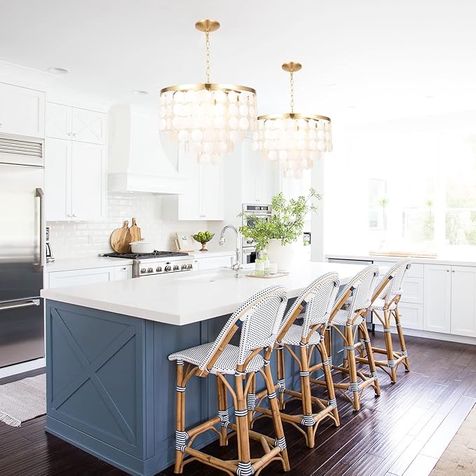 ALICE HOUSE 18.2" White Shell Chandeliers, Brushed Brass Finish, Coastal Kitchen Island Light Fixture, 4 Light Modern Pendant Light for Dining Room, Entryway and Bedroom, ETL Listed, AL2608-P4
