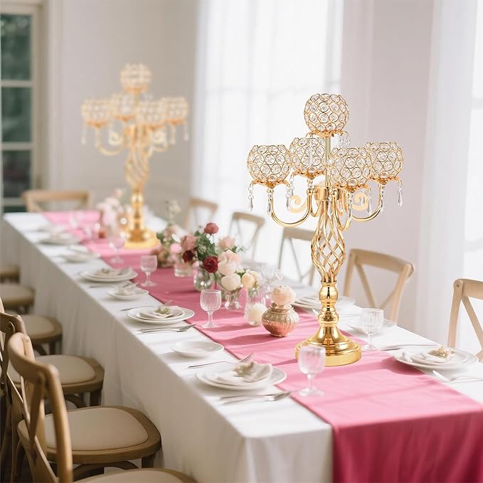 5-Arm Crystal Candelabra Centerpiece 23.2" Tall - Elegant Candle Holder Stand with Crystal Bowl, Chic Table Decor for Weddings, Parties, Anniversary & Home Decoration (4, Gold)
