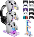 NiHome Iridescent Acrylic Multi-Tier Game Controller & Headset Holder Stand with Customizable LED Lighting, USB-Powered 7 Colors & 3 Modes, Anti-Slip Gaming Desk Organizer & Cable Management (3 Tiers)
