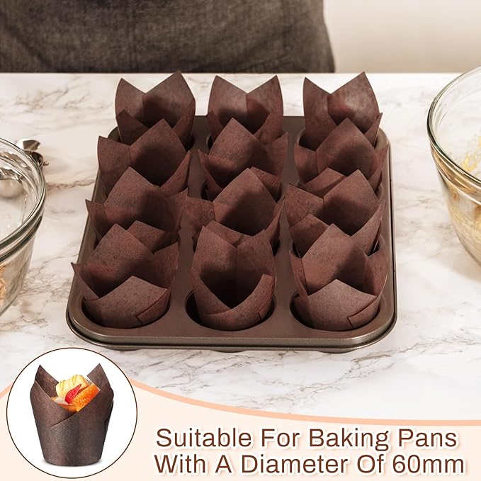 600 Pcs Jumbo Muffin Liners for Baking 2-1/4" x 4" Large Tulip Cupcake Liners Greaseproof Cupcake Wrapper Paper for Weddings Birthday Christmas Anniversaries Party (Brown)