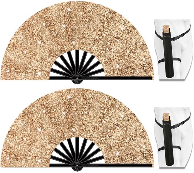 13" Large Folding Rave Fan with Holster, Clack Hand Fans Foldable for Line Dancing, Boots On The Ground Fan for Women Men Festival EDM Party Decoration, Glitter Champagne 2 Pack