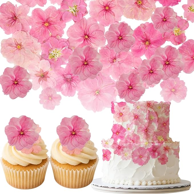 40 Pcs 2 Kinds Natural Pressed Dried Edible Flowers for Cake Topper Decoration - Pink Mix Sakura, Cherry Blossoms for Cupcake Toppers, Cocktails, Resin Jewelry, DIY Crafts