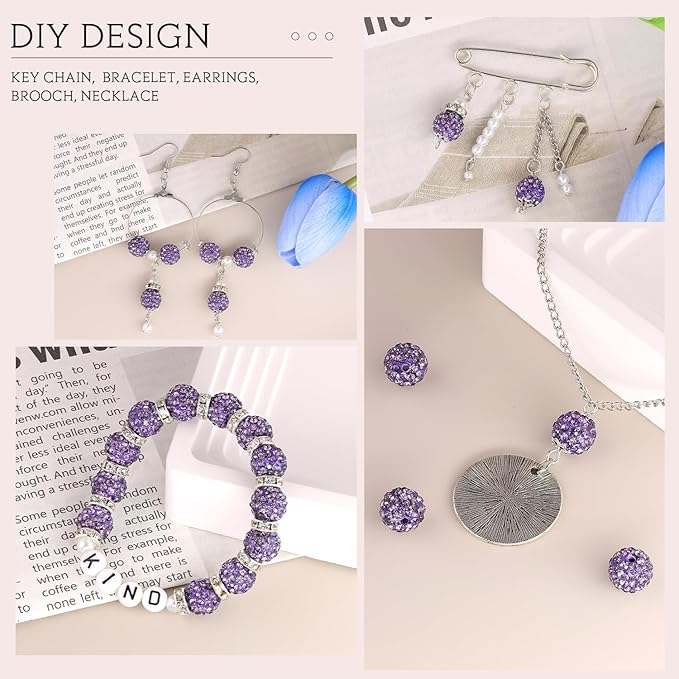 200pcs 10mm Purple Rhinestone Beads for Jewelry Making, Shiny Round Shamballa Disco Ball Beads Bulk, Sparkle Crystal Clay Christmas for Bracelet Baseball Necklace Earring Crafting and DIY