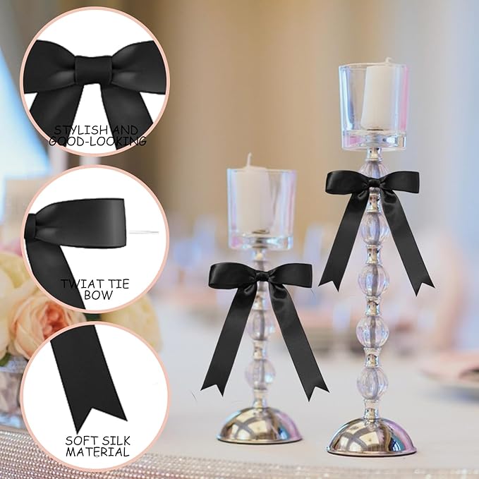 30Pcs Satin Ribbon Black Bows 5x7 Inch Twist Tie Bow for Gift Wrapping Champagne Bottle Cake Treat Bag Craft DIY Gift Christmas Birthday Party Balloons & Garland Home Decor