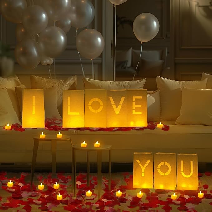 Homemory I Love You Light Up Letters Proposal Decorations with Flameless Candles and Fake Rose Petals, Valentine's Day Luminary Bags Romantic Decorations Special Night for Wedding Anniversary