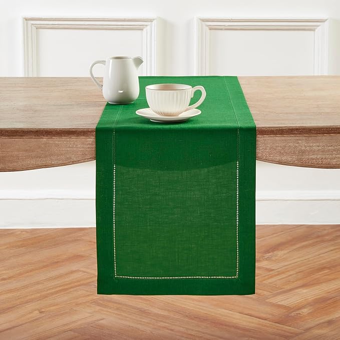 Solino Home Linen Garden Green Table Runner 144 Inches Long - 100% Pure Linen Extra Long Table Runner 14 x 144 Inch for Christmas - Classic Hemstitch