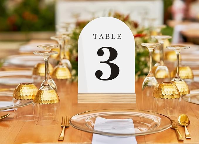 Wedding Table Numbers 1-10, Acrylic Arch Signs with Natural Wood Stands Holders, Rustic Table Decor for Reception & Parties (White Black)