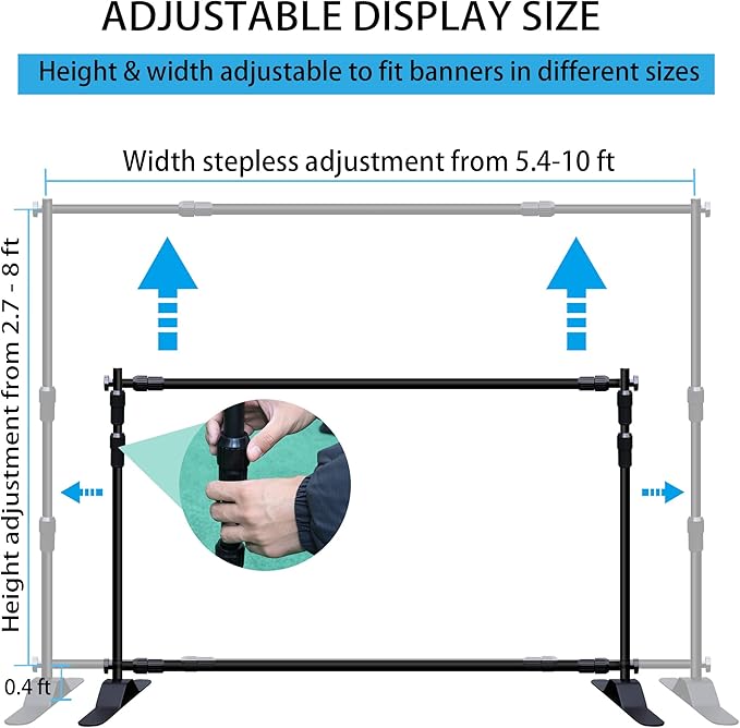 Photo Backdrop Banner Stand Kit, Heavy Duty 10 x 8 FT Adjustable Telescopic Tube Back Drop Display Stand, Step and Repeat Stand for Party Photography Trade Show Booth Background, with Clips
