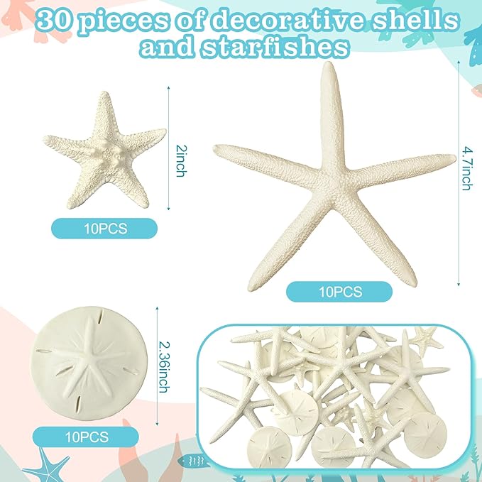 Queekay 30 Pieces Resin Starfish Sand Dollars 2.0 Inch 4.7 Inch Starfish 2.3 Inch Sand Dollars Crafts Ocean Themed Glittered Coastal Decorations for Summer Wedding Christmas Party Decor Supplies