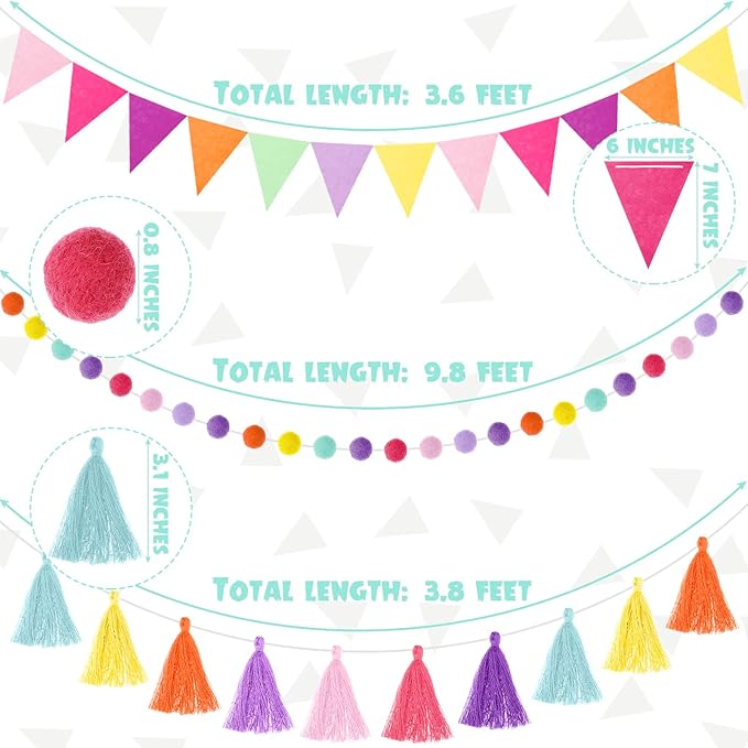 Irenare 9.8 ft Pom Pom Garland Felt Colorful Tassel Banner Christmas Party Pompoms Garland Decorations Felt Pennant Banner for Classroom Home Mantel Fireplace Birthday(Candy Color)