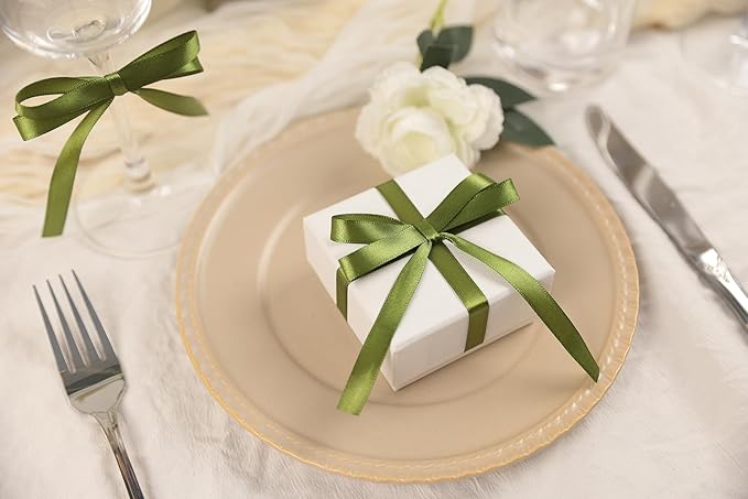 Olive Green Satin Ribbon 3/8 inch X Continuous 50 Yards, Single Face Polyester Ribbon Perfect for Gift Wrapping, Flower Bouquet, Wedding Decor, Crafts, Bow Making, Sewing and More