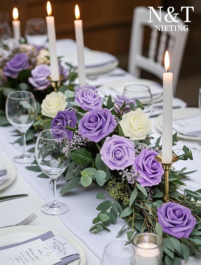 N&T NIETING Artificial Flowers 50Pcs Fake Foam Rose Purple Flowers with Stems Lavender for DIY Wedding Bridesmaid Bridal Bouquets Centerpieces Party Home Decoration(Series Purple)