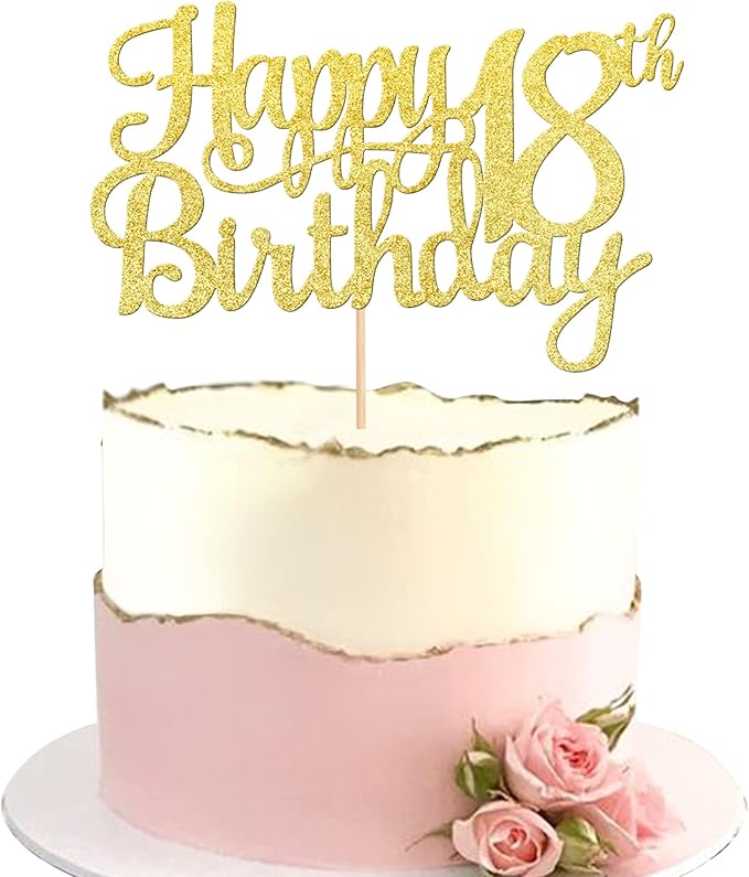 1 PCS Happy 18th Birthday Cake Topper Gold Glitter Cheers to 18 Years Birthday Cake Pick 18 Fabulous Cake Decoration for Happy 18th Birthday Theme Party Decorations Supplies