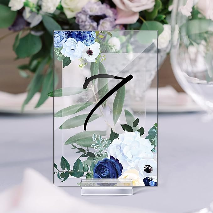Yulejo 12 Pcs Clear Acrylic Place Cards with 12 Acrylic Holder Wedding Table Numbers with Acrylic Stand DIY Table Name Cards Plates for Wedding Reception Banquet Decors (4 x 6 x 0.08 Inch)
