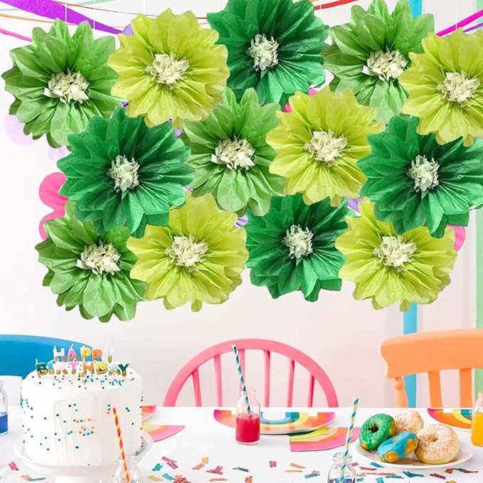 12pcs Tissue Pom Poms - 8in 10in Paper flowers for Wedding Party Decor - Green