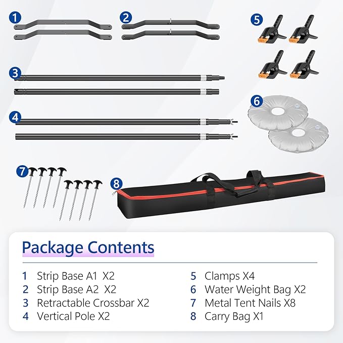 EMART Backdrop Stand 10x8.5FT Photo Studio Adjustable&Lockable Background Stand Support kit with Cross Base for Photography, Parties, Wedding, Outdoors (with 8 Tent Nails, 2 Water Bag, 4 Clamps)