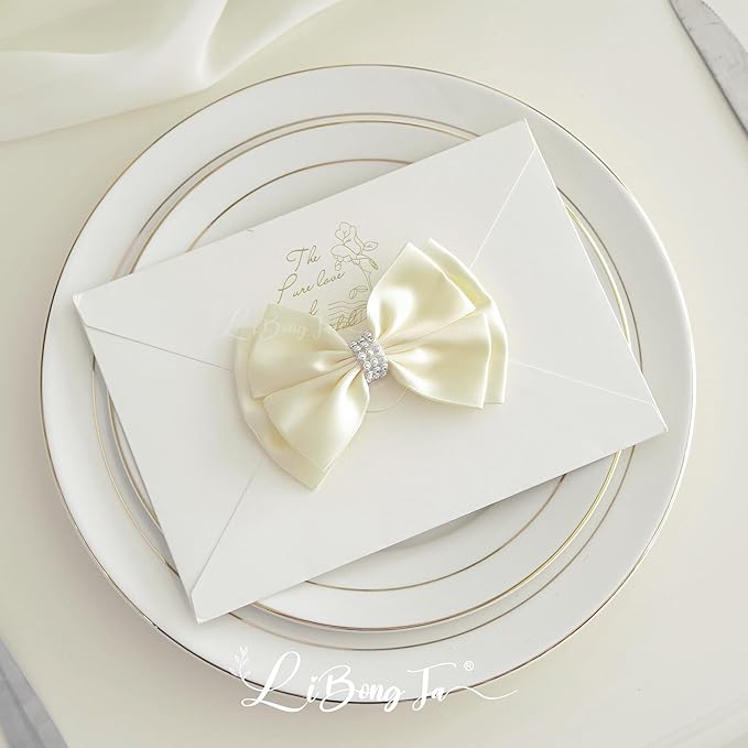 Ivory Satin Bows 4'' Premade Ivory Ribbon Bows, Gift Bows with Rhinestone, Wrapping Bows for Presents, Greeting Cards, Treat Bags, Wine Bottles, Valentines Bows for Gift Wrapping-12 Counts