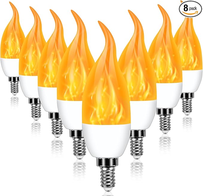 E12 LED Flickering Candelabra Flame Effect Light Bulbs - Upgrade Flicker Candelabra Torch Fire Effect Lights Bulbs for Outdoor Halloween Xmas Holiday Decorations 3W 1400K (8 Pack)